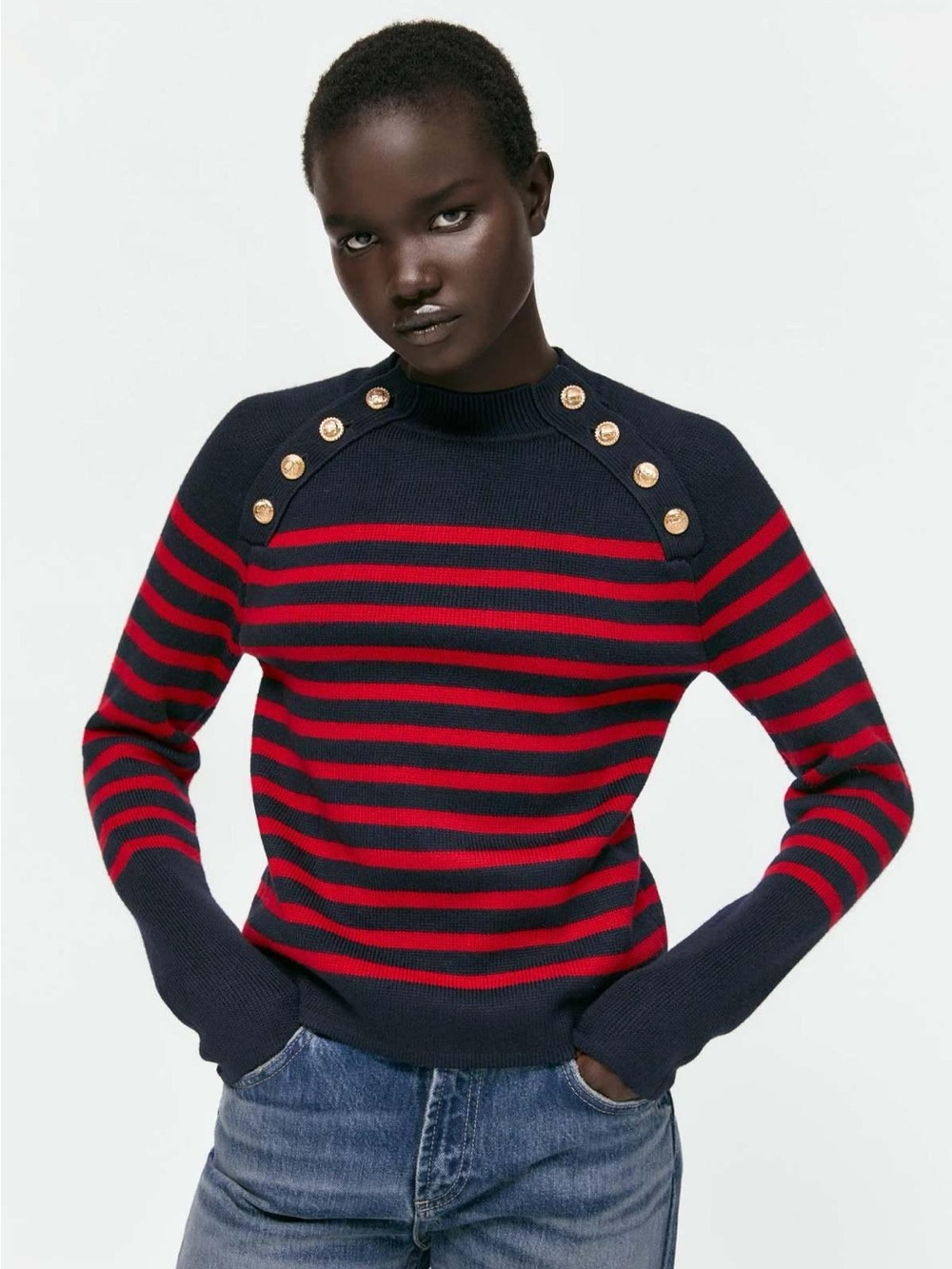 Zara Striped Gold Button Mock Neck Sweater Size Small Navy Red